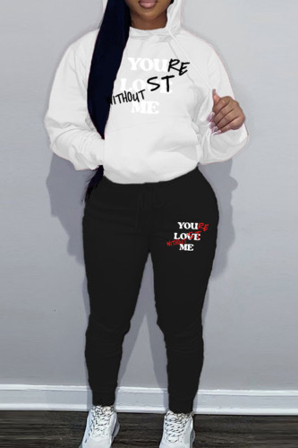 White Black Casual Letter Print Hooded Collar Long Sleeve Sweatshirt And Draw String Pocket Pants Sportwear Two Piece Jogger Set