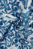 Blaue, elegant bedruckte, aus Spitze ausgehöhlte, Patchwork-Kleider mit halbem Rollkragen und A-Linie