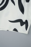 Cream White Casual Print Basic Turndown Collar Plus Size Three Piece Set