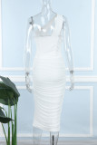 Vestido sin mangas con cuello oblicuo y pliegue sin espalda ahuecado liso informal sexy blanco Vestidos
