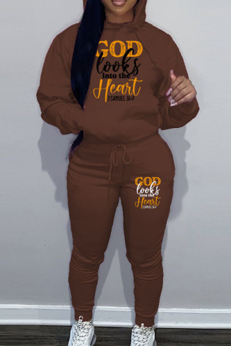 Brown Casual Letter Print Hooded Collar Long Sleeve Sweatshirt And Draw String Pocket Pants Sportwear Two Piece Jogger Set
