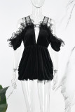 Black Sexy Casual Solid Hollowed Out Backless V Neck Short Sleeve Dress Dresses