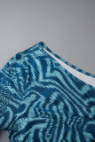 Bleu Sexy imprimé pansement Patchwork pli col Oblique robe imprimée robes de grande taille