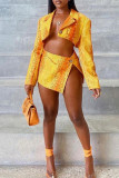 Orange Yellow Sexy Casual Print Buttons Turndown Collar Long Sleeve Two Pieces