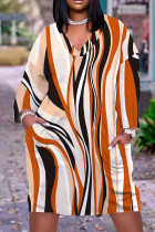 Orange Casual Print Basic V-Ausschnitt Langarm-Kleider