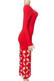 Rode sexy effen uitgeholde jurken met lange mouwen en U-hals