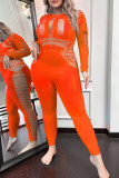 Naranja fluorescente Sexy Living Lencería transparente ahuecada sólida
