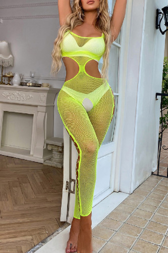 Fluorescent Yellow Sexy Living Solid Hollowed Out See-through Lingerie
