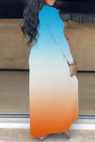 Orange Yellow Casual Print Basic V Neck Long Dress Dresses