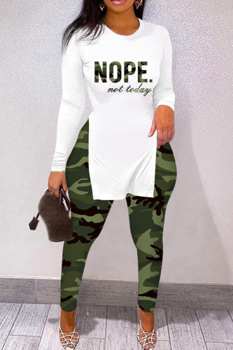 Army Green Casual Print Slit O Neck Long Sleeve Two Pieces