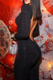 Black Sexy Solid Patchwork Backless Sequined O Neck Skinny Jumpsuits