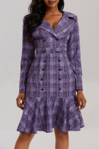 Robes décontractées à manches longues et col rabattu en patchwork imprimé à carreaux violet