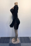 Black Sexy Party Elegant Hot Drilling Mesh Hot Drill Spaghetti Strap Long Sleeve Two Pieces