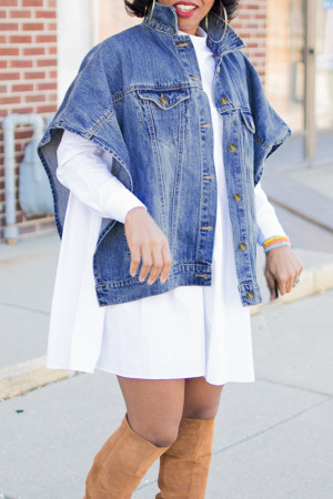 Blue Street Solid Patchwork Buckle Turndown Collar Sleeveless Cloak Coats Loose Denim Jacket