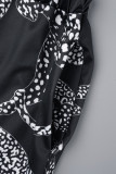 Negro casual estampado patchwork cuello vuelto manga larga dos piezas