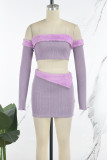 Purple Sexy Solid Patchwork Zipper Strapless Long Sleeve Three Pieces