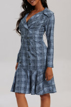 Blauwe casual geruite print patchwork turndown kraag lange mouwen jurken