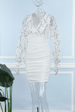 ホワイト セクシー ソリッド パッチワーク シースルー フォールド ビーズ V ネック ラップ スカート ドレス