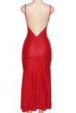 Red Sexy Casual Solid Backless Spaghetti Strap Long Dress Dresses