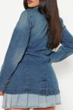 Синяя повседневная однотонная джинсовая куртка в стиле пэчворк с пряжкой и отложным воротником с длинными рукавами