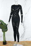 Zwarte sexy effen uitgeholde patchwork skinny jumpsuits met o-hals