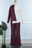 Deep Red Casual Patchwork Contrast V Neck Long Sleeve Two Pieces