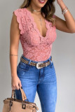 Pink Casual Solid Patchwork V Neck Tops