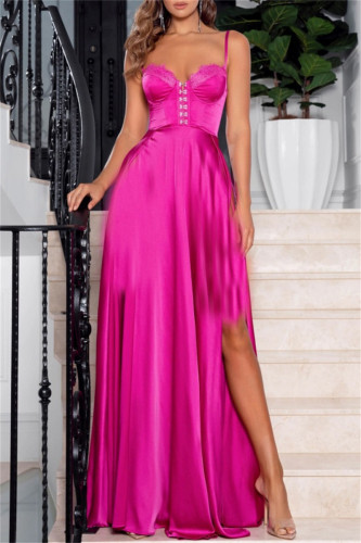 Rose Red Sexy Solid Backless Slit Spaghetti Strap Long Dress Dresses