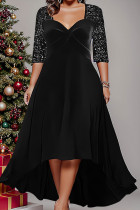 Zwarte casual effen pailletten patchwork v-hals lange mouwen grote maten jurken