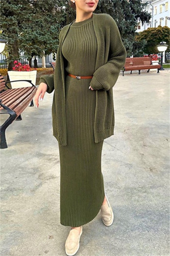 Army Green Casual Solid Cardigan O Neck Long Sleeve Two Pieces (Without Belt)