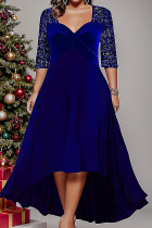 Blauwe casual effen pailletten patchwork v-hals lange mouwen grote maten jurken