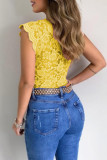 Yellow Casual Solid Patchwork V Neck Tops