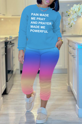 Blue Casual Gradual Change Letter Print Basic O Neck Long Sleeve Two Pieces