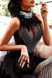 Black Sexy Formal Patchwork See-through Feathers Hot Drill Turtleneck Wrapped Skirt Dresses