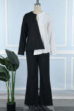 Black Casual Patchwork Contrast V Neck Long Sleeve Two Pieces