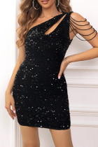 Black Sexy Patchwork Tassel Hollowed Out Sequins Oblique Collar Sleeveless Dress Dresses