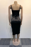 Schwarze Party-Elegante Hot Drilling Fold Hot Drill Spaghettiträger Asymmetrische Kleider