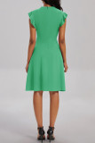 グリーン カジュアル ソリッド 小帯 V ネック ノースリーブ ドレス ドレス
