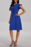 ブルー カジュアル ソリッド 小帯 V ネック ノースリーブ ドレス ドレス