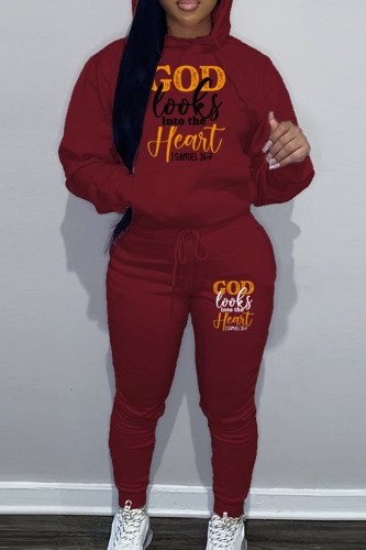 Burgundy Casual Letter Print Hooded Collar Long Sleeve Sweatshirt And Draw String Pocket Pants Sportwear Two Piece Jogger Set