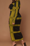 イエロー カジュアル ストライプ パッチワーク タートルネック ロング ドレス プラス サイズ ドレス