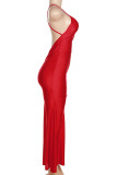 Robe longue rouge sexy décontractée à bretelles fines et dos nu