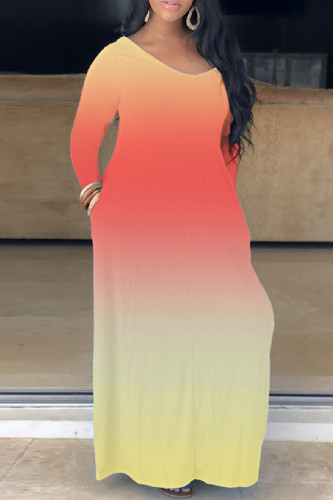 Orange Yellow Casual Print Basic V Neck Long Dress Dresses