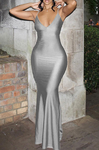 Grey Sexy Casual Solid Backless Spaghetti Strap Long Dress Dresses