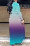 Blue Purple Casual Print Basic V Neck Long Dress Dresses