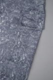 Dunkelgraue, lässig bedruckte, langärmlige Patchwork-Kleider mit quadratischem Kragen