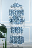 Blauwe elegante print kant uitgeholde patchwork halve coltrui A-lijn jurken