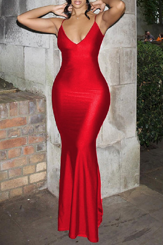 Red Sexy Casual Solid Backless Spaghetti Strap Long Dress Dresses