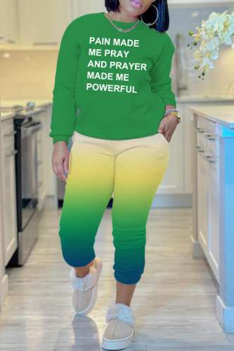 Green Casual Gradual Change Letter Print Basic O Neck Long Sleeve Two Pieces