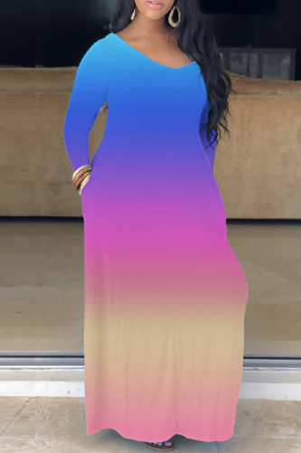 Blue Casual Print Basic V Neck Long Dress Dresses